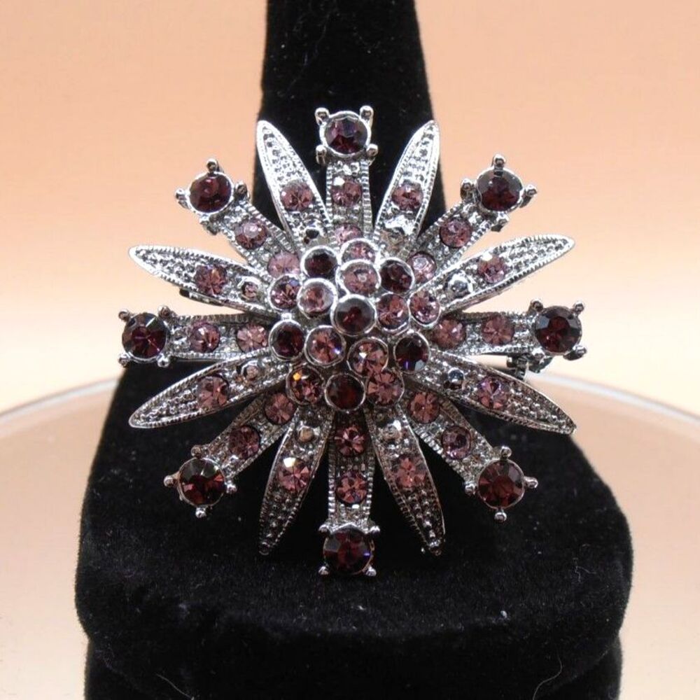 Silver Tone Purple and Pink Rhinestone Floral Starburst Brooch Pin